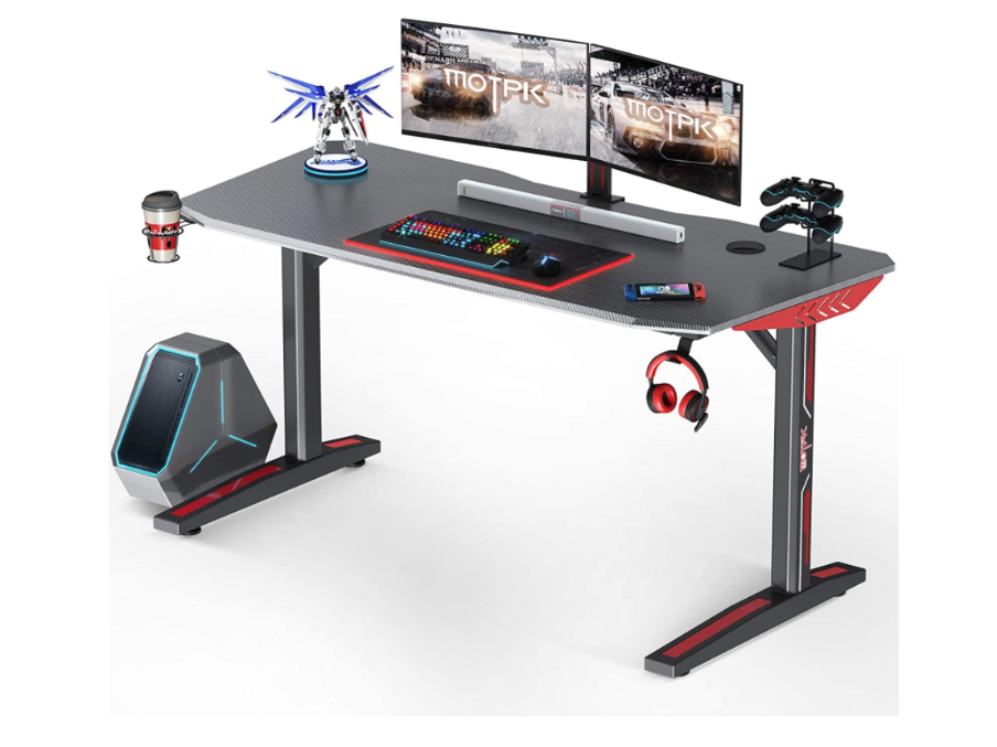 Motpk Gaming desk 60 inch T shaped carbon coated with cup holder, headphone hook black color