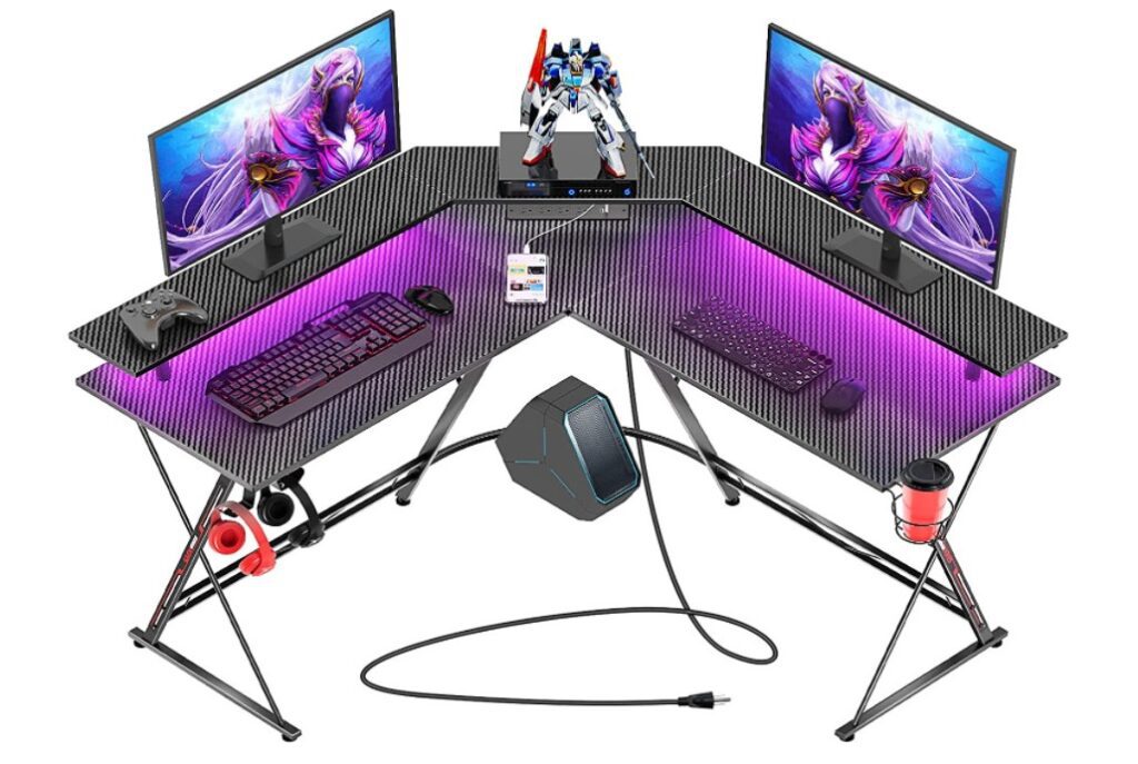 Seven Warrior L shaped Gaming Desk with LED Strip and Power Outlets