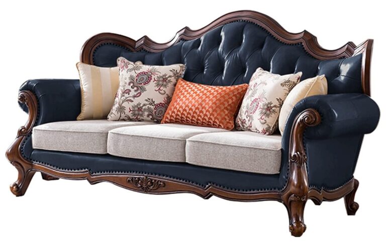 Solid Wood Sofa Living Room Leather Sofa, Solid Wood Three-Seater Indoor Sofa, Light Luxury Furniture color blue