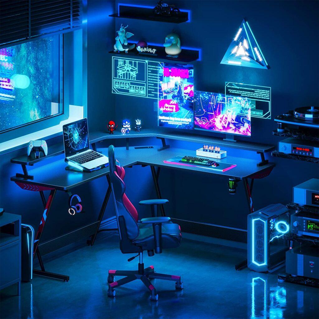 MOTPK Gaming Desk L Shaped with led lights and power outlets, carbon fiber with Monitor shelf 51 inch